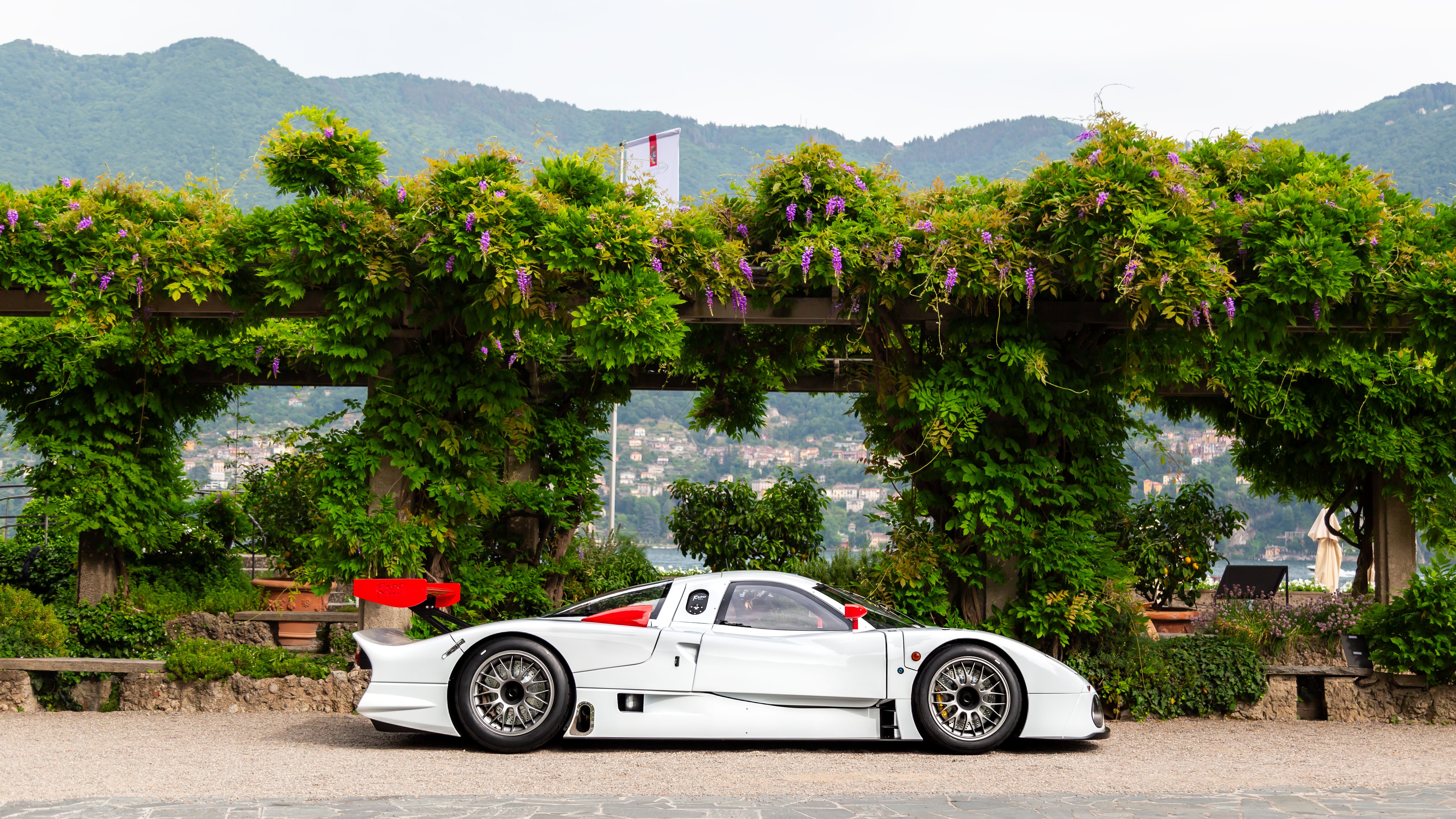 Nissan R390 GT1 side view beside greenery and flowers